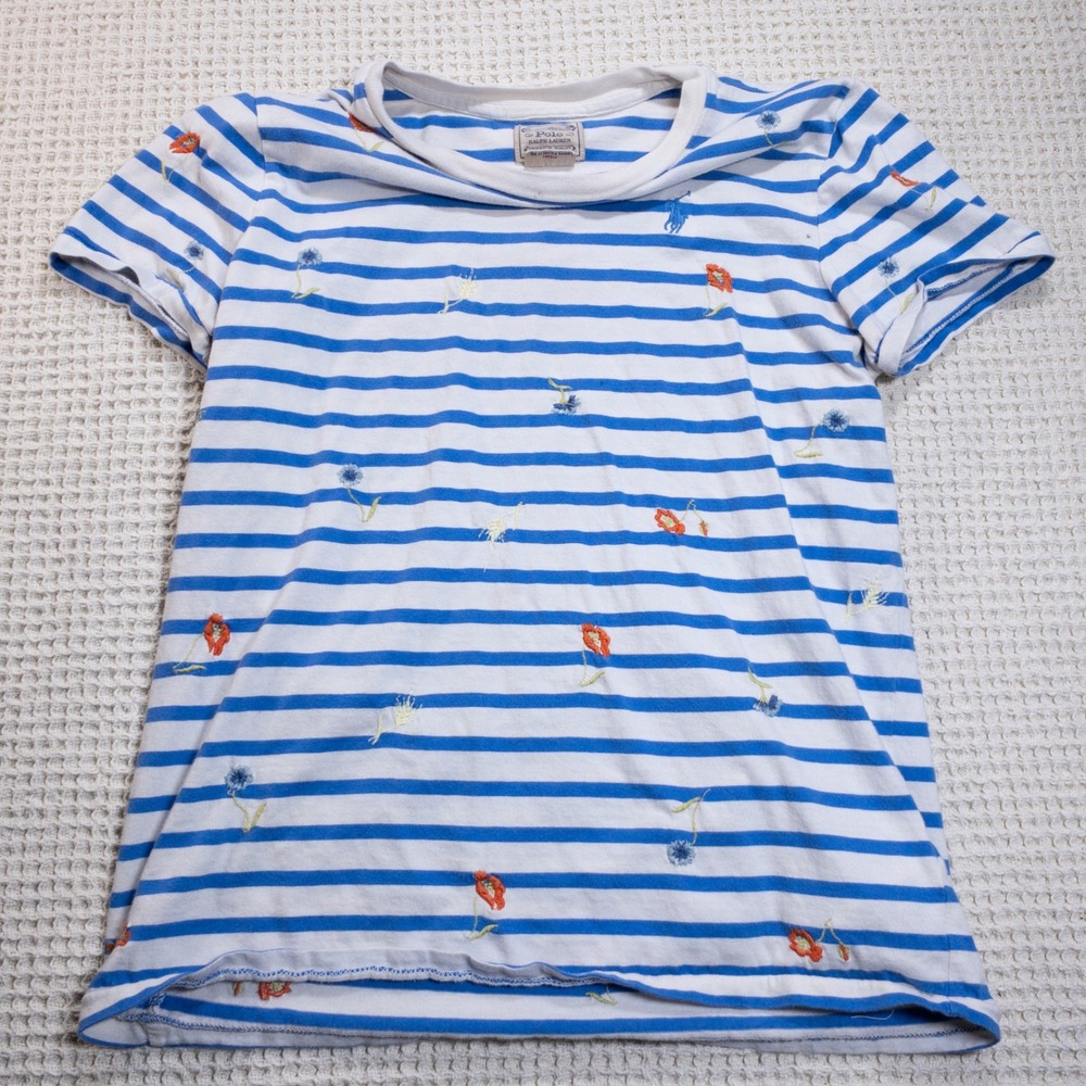 Polo Ralph Lauren Striped Floral Embroidered T-Shirt Blue White Small